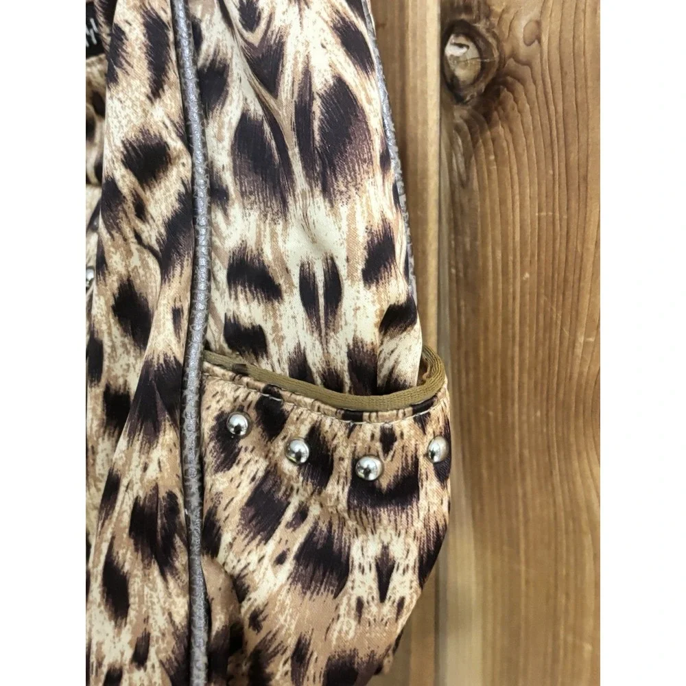 Kathy Van Zeeland Leopard Print Hobo Bag Y2K Studded Shoulder Purse Brown